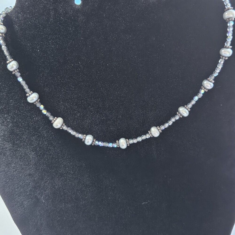 Sterling Silver Blue Pearls And Blue AB Coated Glass Bead Necklace 16"